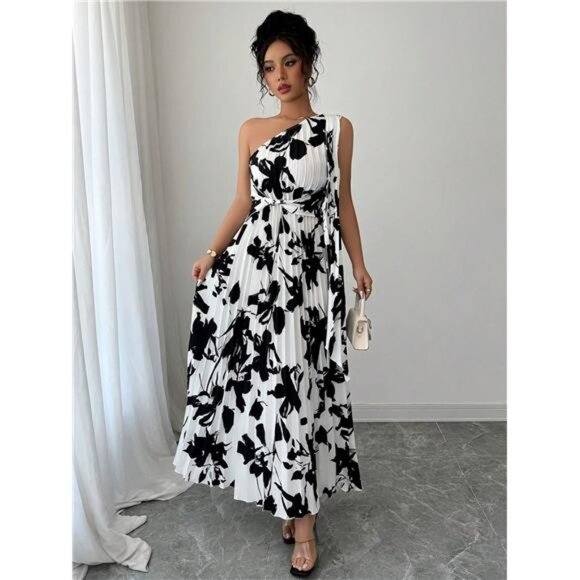 NEW - Elegant Women's Floral Pleated Elegant One Shoulder Dress - Picture 5 of 7